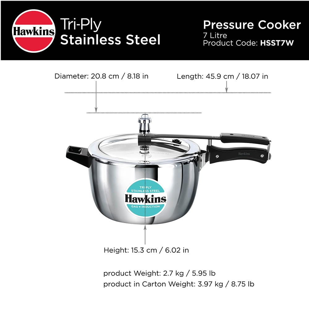 Hawkins 7 Liters Triply Stainless Steel Pressure Cooker, Wide Cooker, Inner Lid Cooker, Silver (HSST7W)