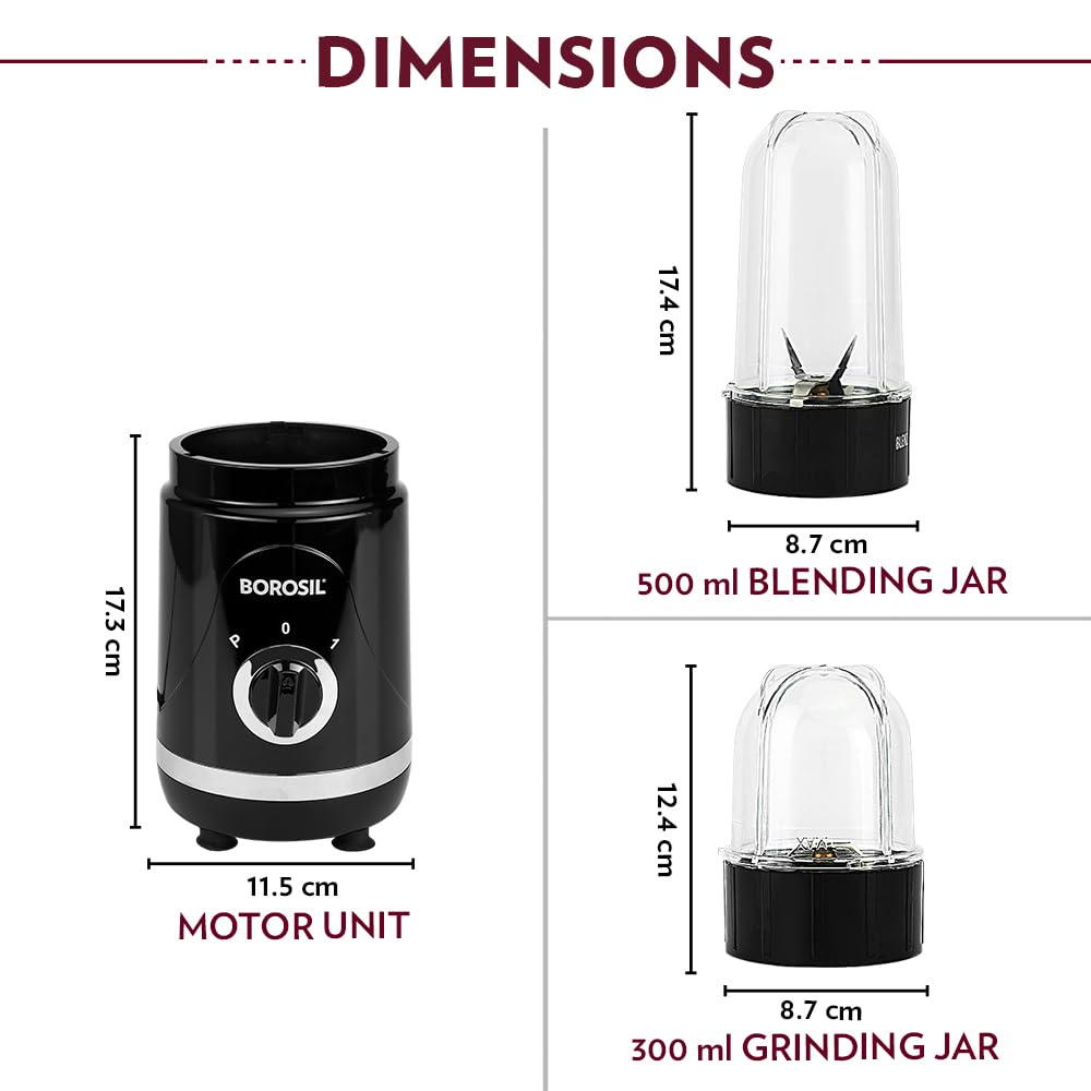 Borosil NutriFresh NB04 Portable Mini-Blender & Grinder 400 Watts,300 ml Dry Grinding Spices/Chutney Jar, Black, 400 Watts