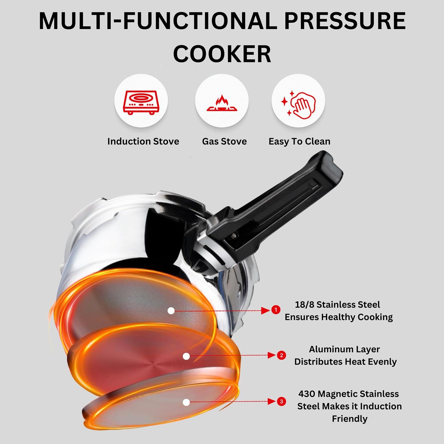 Vinod Platinum Triply Stainless Steel Pressure Cooker with Induction Base - 3.5 Liter | Junior Pressure Cooker | Induction Base Pressure Cooker - ISI certified, Silver