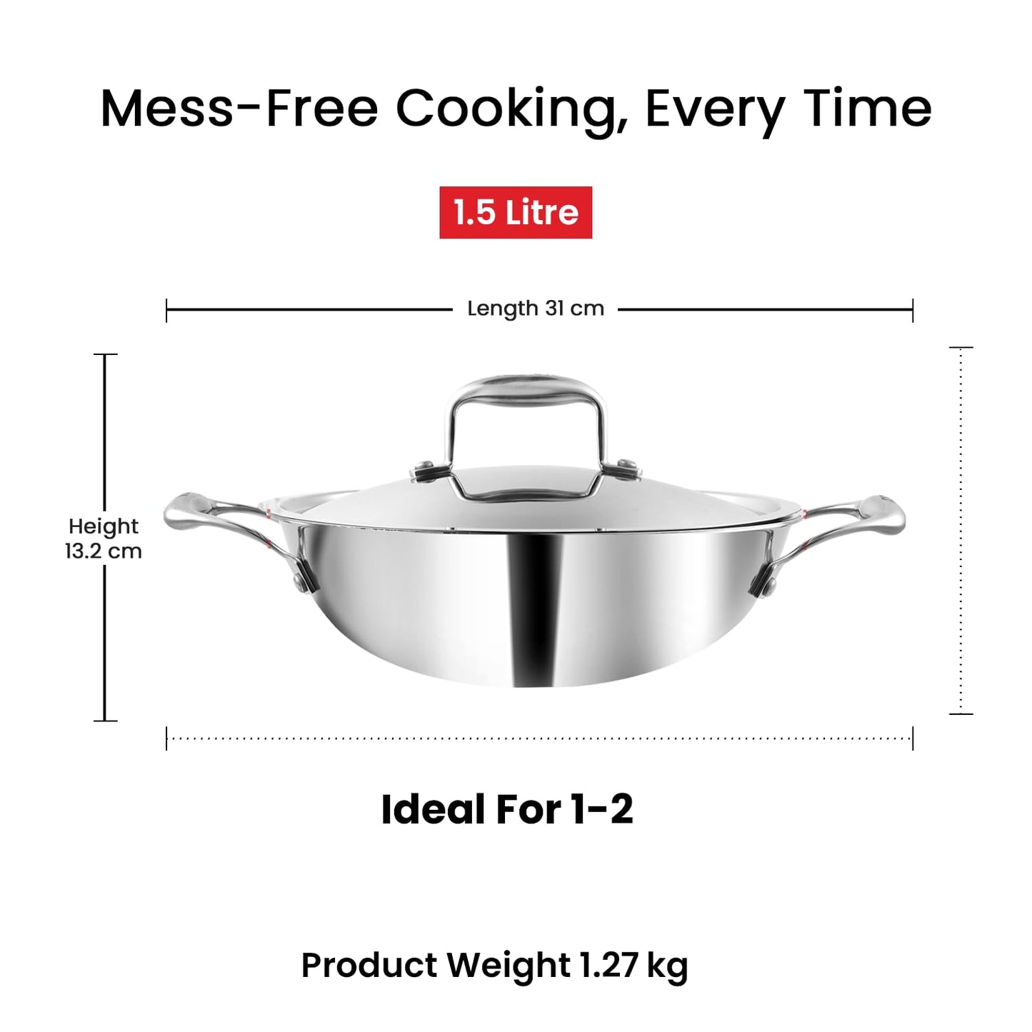 Vinod Platinum Triply Stainless Steel Extra Deep Kadai with Stainless Steel Lid 1.8 liters Capacity, 20 cm| Triply Stainless Steel Kadhai, induction and Gas Stove Friendly