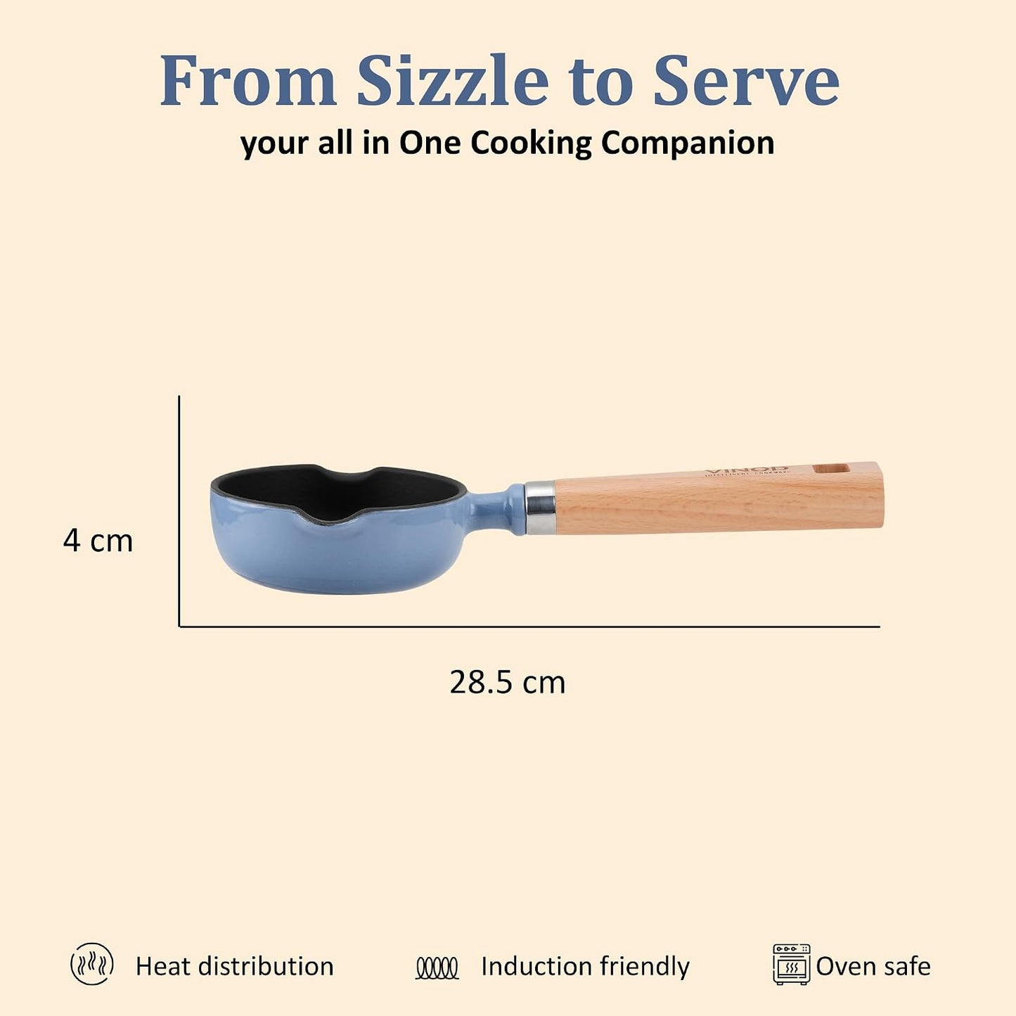 Vinod Freya Enameled Cast Iron Tadka Pan 12 cm Blue Color| Dual Pour Spouts Wooden Handle | TREON Technology | No Seasoning Required | for Tempering & Sauces | Gas & Induction Compatible | 100% Toxin Free