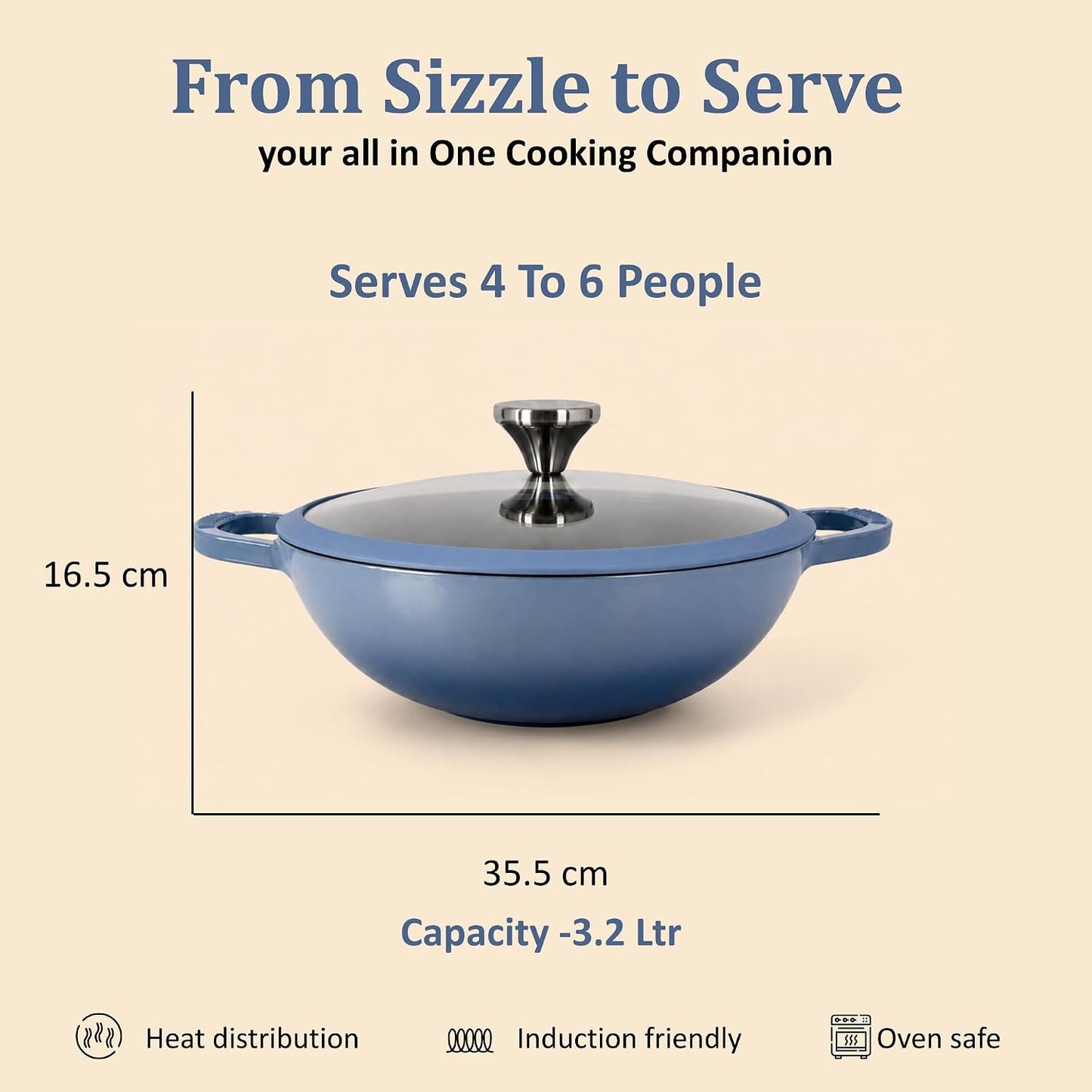 Vinod Freya Cast Iron Deep Kadai with Glass Lid, 26 cm, 3.2L Blue Color | TREON Technology Enamel Kadhai for Frying, Curry & Cooking | No Seasoning Required | 100% Pure & Toxin-Free | Induction & Gas Compatible