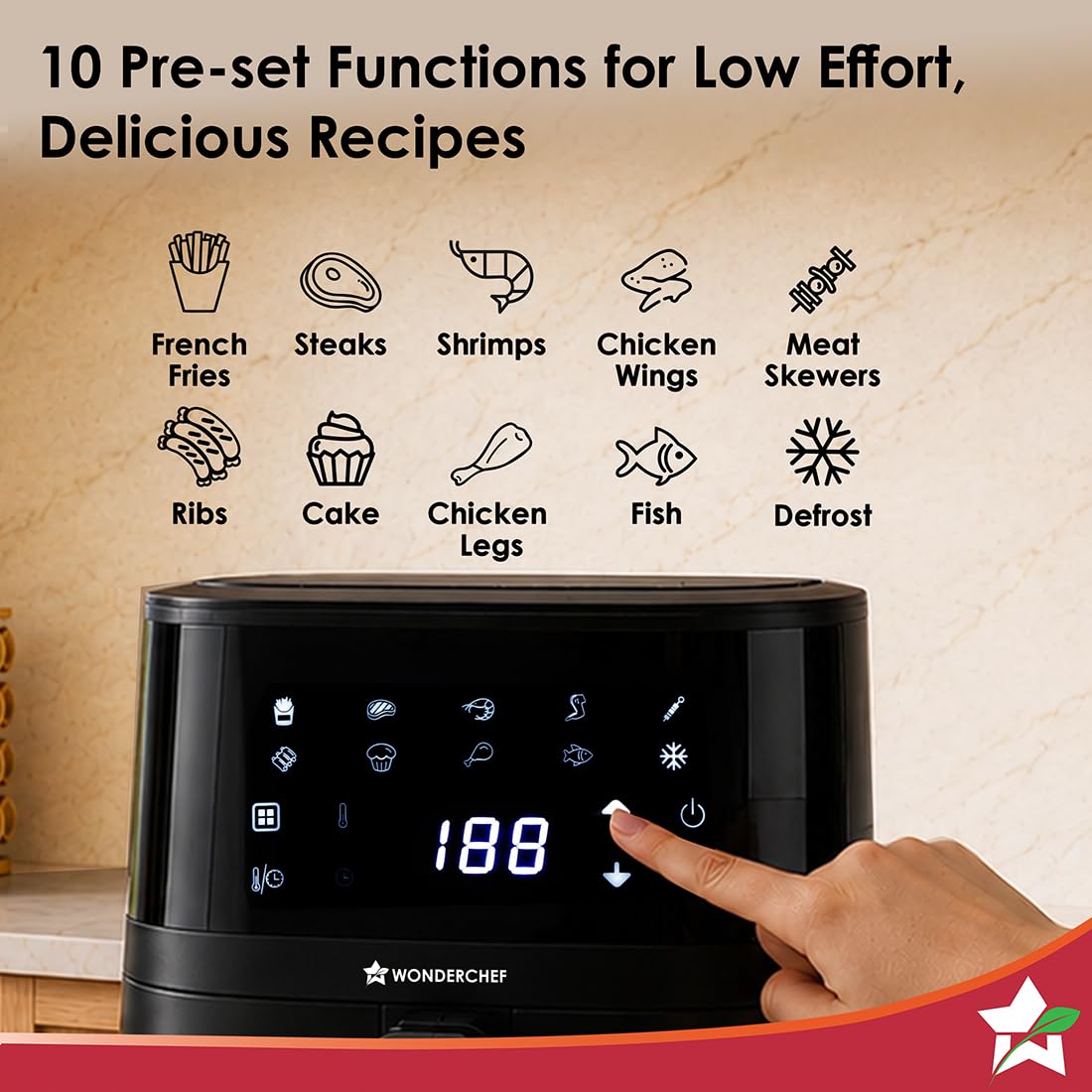 Wonderchef Platinum Digital Air Fryer for Kitchen, 4.5L, 1350W, Rapid Air Technology, 10 Pre-Set Functions, Temperature and Time Control, Automatic Shut-Off, 2-Yr Warranty