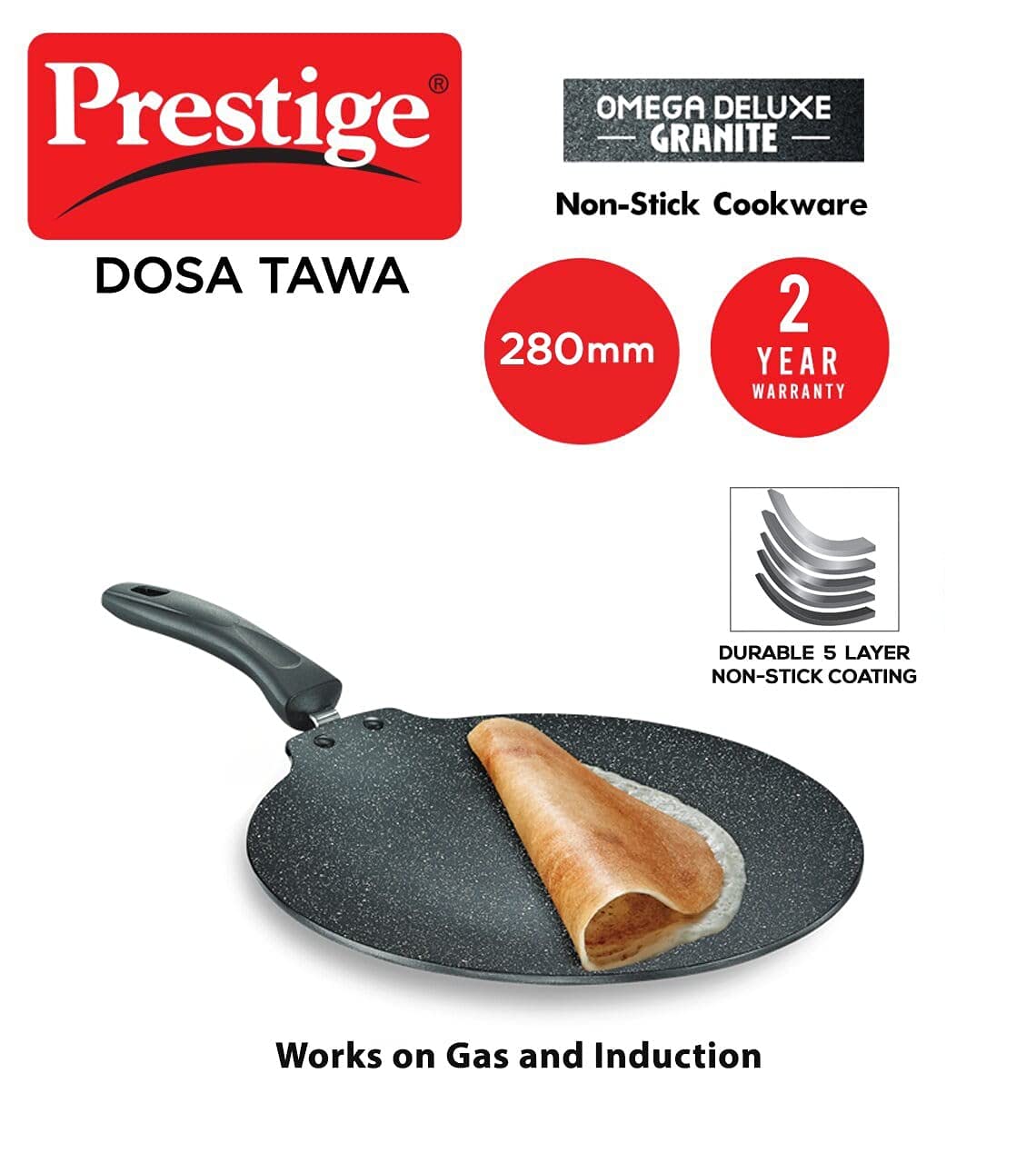 Prestige Omega Deluxe Granite Flat Dosa Tawa Black, 28 cm |Non-Stick | Induction Base | Dishwasher Safe | PFOA Free | Metal Spoon Friendly