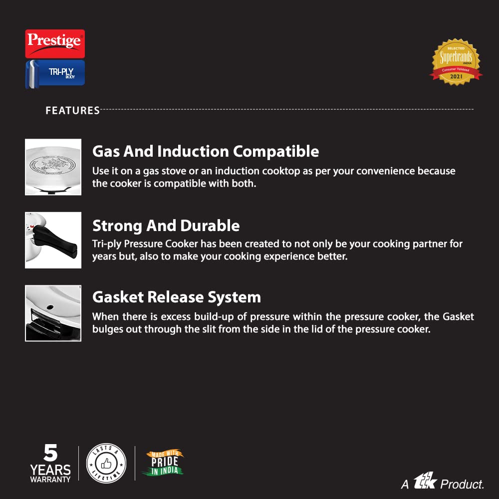 Prestige Svachh Triply Outer Lid Pressure Cooker 2 Liters with Unique Deep Lid for Spillage Control, 2 Liters, Silver, 304 Stainless Steel Inner Surface.