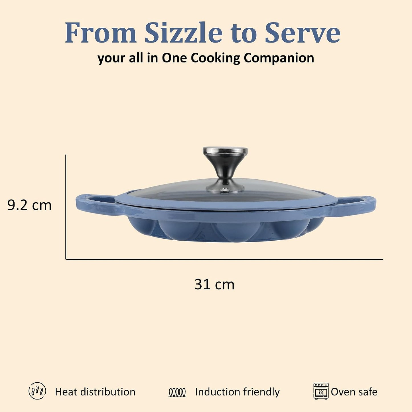 Vinod Freya Enameled Cast Iron Appe Pan with Glass Lid - 22 cm, 12 Pits Blue Color | 100% Toxin Free | No Seasoning Required | TREON Technology | Ideal for Paniyaram, Appam Patra, Paddu & Gunta Ponganalu Maker