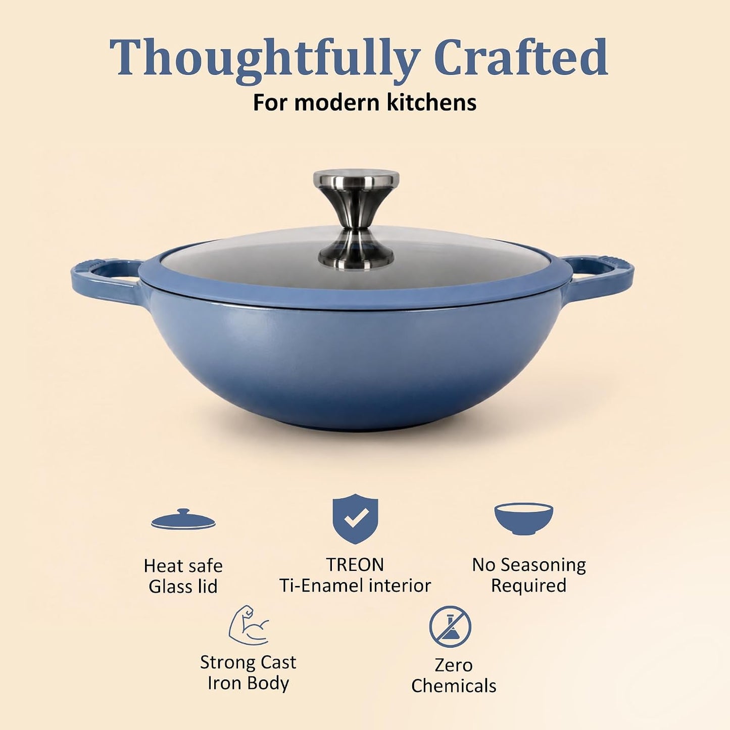 Vinod Freya Cast Iron Deep Kadai with Glass Lid, 24 cm, 2.4L Blue Color | TREON Technology Enamel Kadhai for Frying, Curry & Cooking | No Seasoning Required | Induction & Gas Compatible | No Chemical Coating