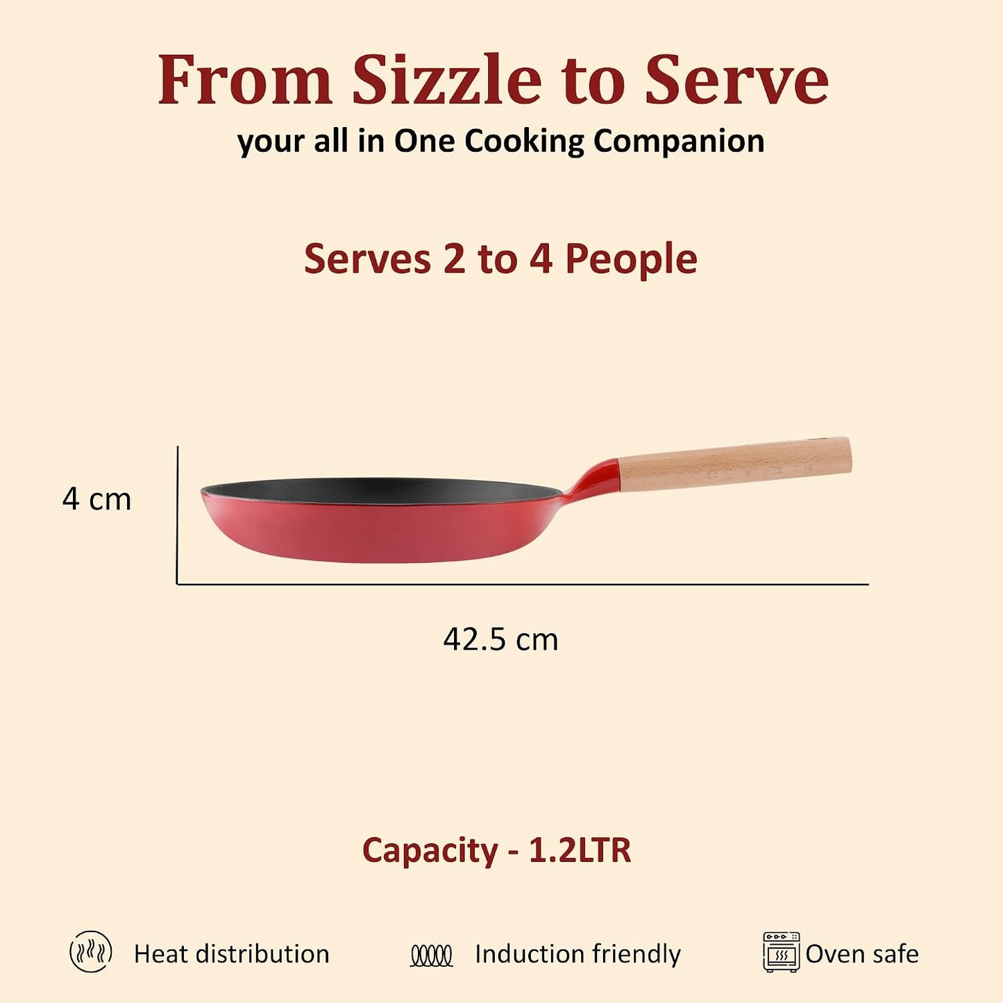 Vinod Freya Enameled Cast Iron Frying Pan - 22 cm, 1.2 L Red Color | Wood-Finish Handle | TREON Technology | No Seasoning Required | Gas & Induction Compatible | Ideal for Everyday Cooking