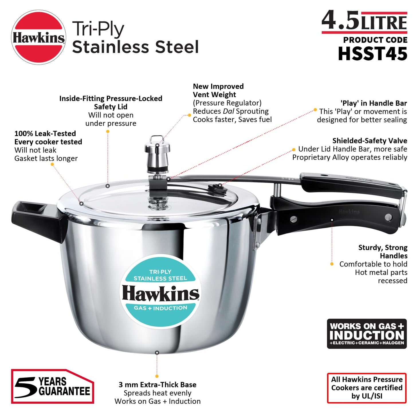 Hawkins 4.5 Liters Triply Stainless Steel Pressure Cooker, Inner Lid Cooker, Silver (HSST45)