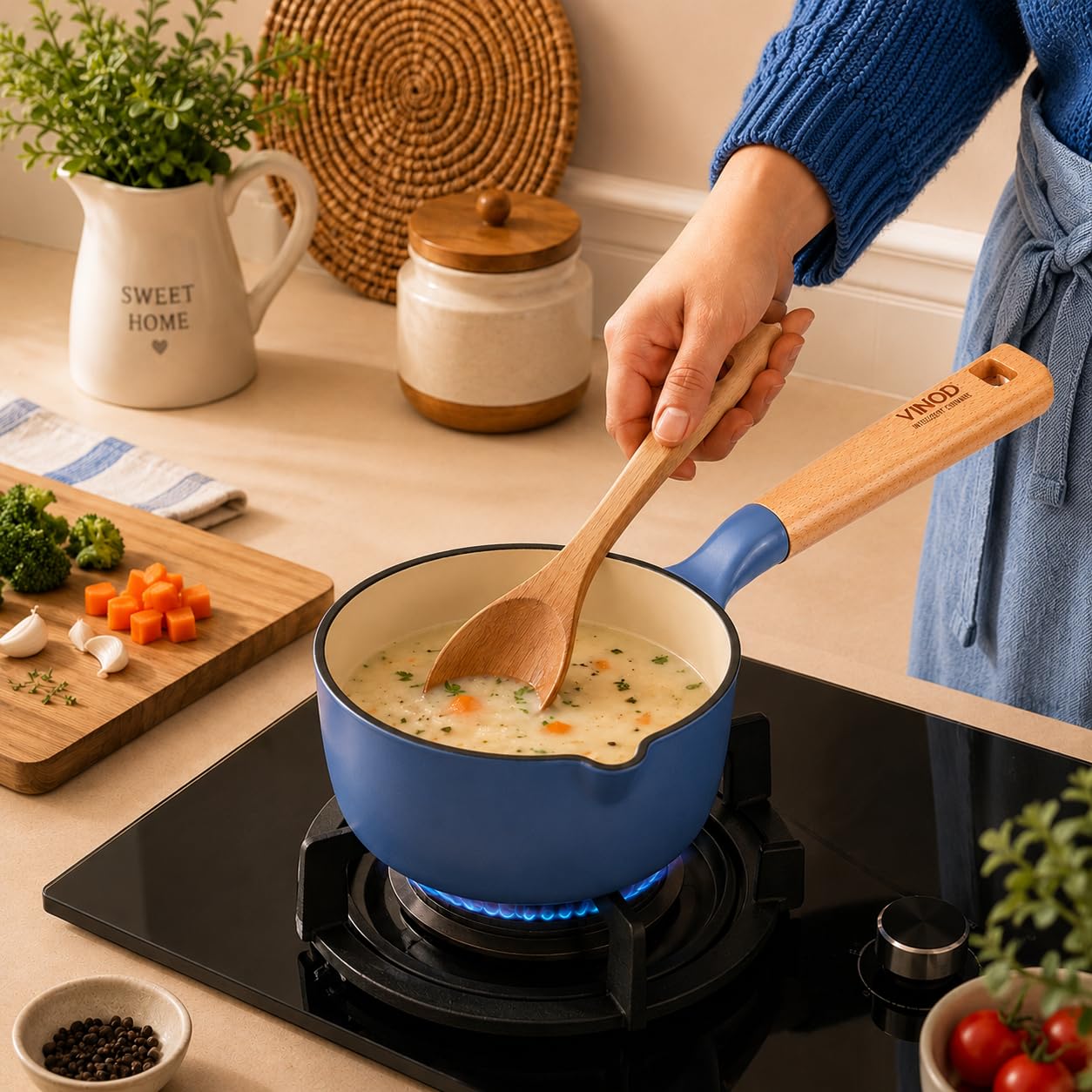 Vinod Freya Enameled Cast Iron Saucepan - 16 cm,1.4 L Blue Color | TREON Technology | 100% Toxin Free | Wooden Handle with Pour Spout | Gas & Induction Compatible | No Seasoning Required | Milk & Tea Pan