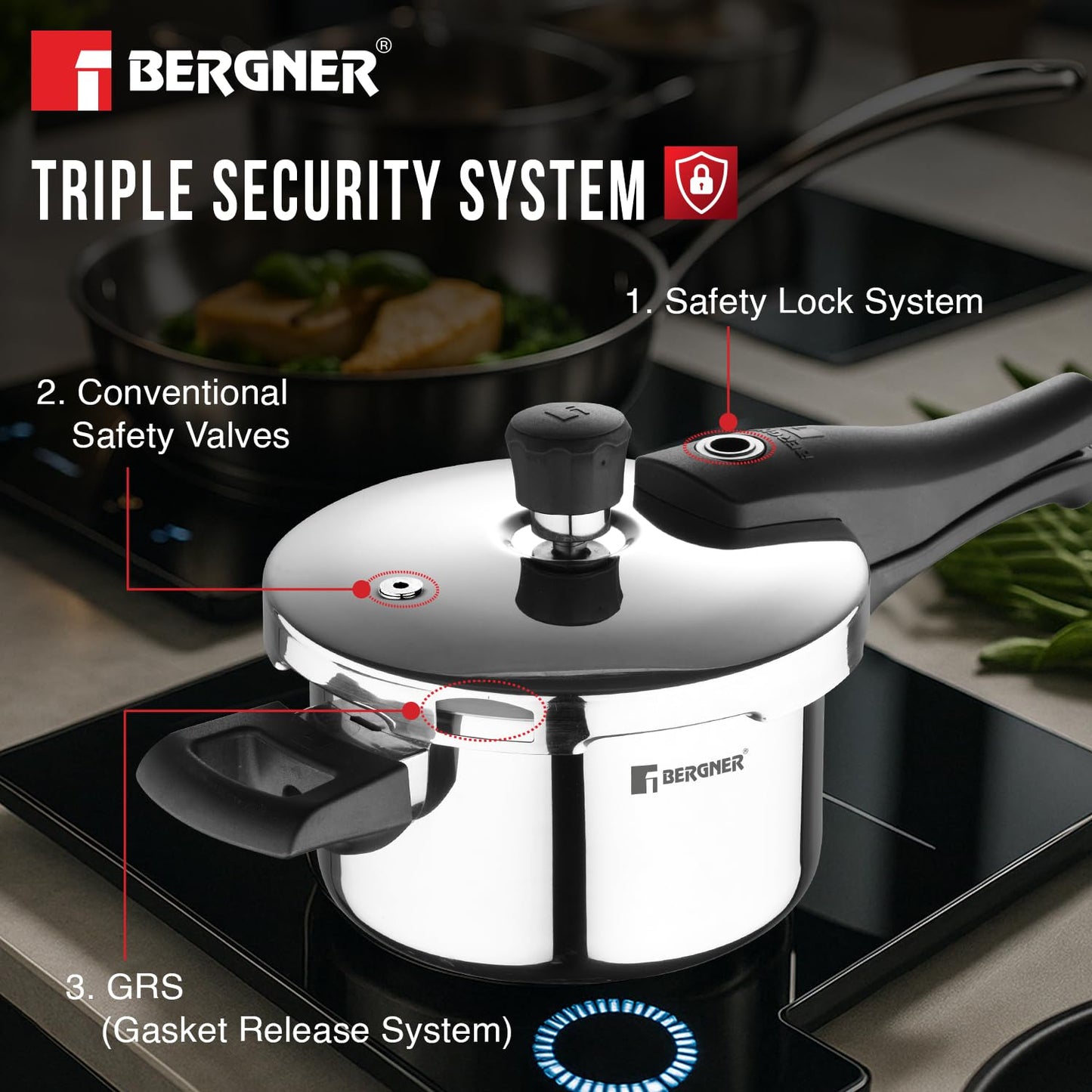 Bergner Argent Elements Triply Stainless Steel 1.5 L Outer Lid Pressure Cooker, Triply Pressure Cooker, Safety Gasket and GRS, Mirror Finish, Induction Base & Gas Ready, Silver.