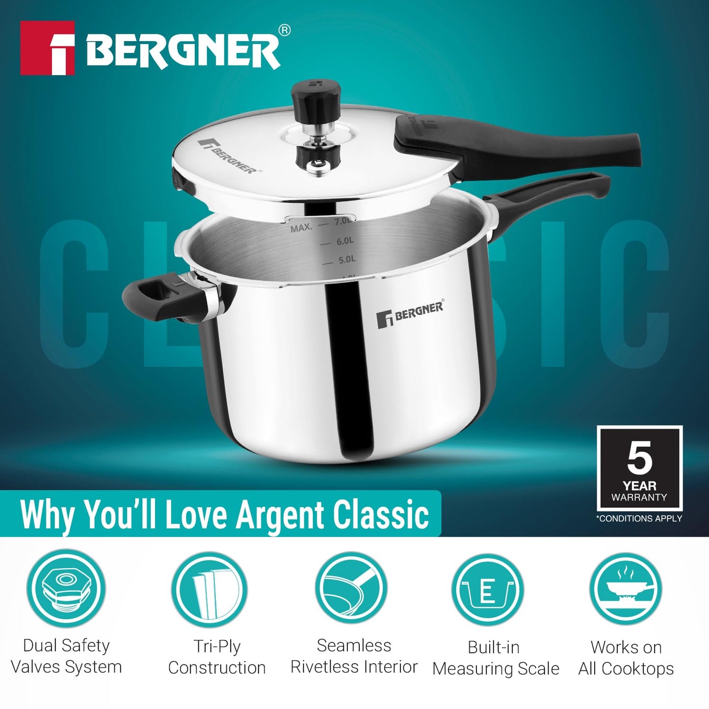 Bergner Argent Classic Triply Stainless Steel 8 Liters Outer Lid Pressure Cooker, Big Size Triply Cooker with Resettable Safety Valve, Sturdy Handle, Easy to Clean - Induction and Gas Stove Ready