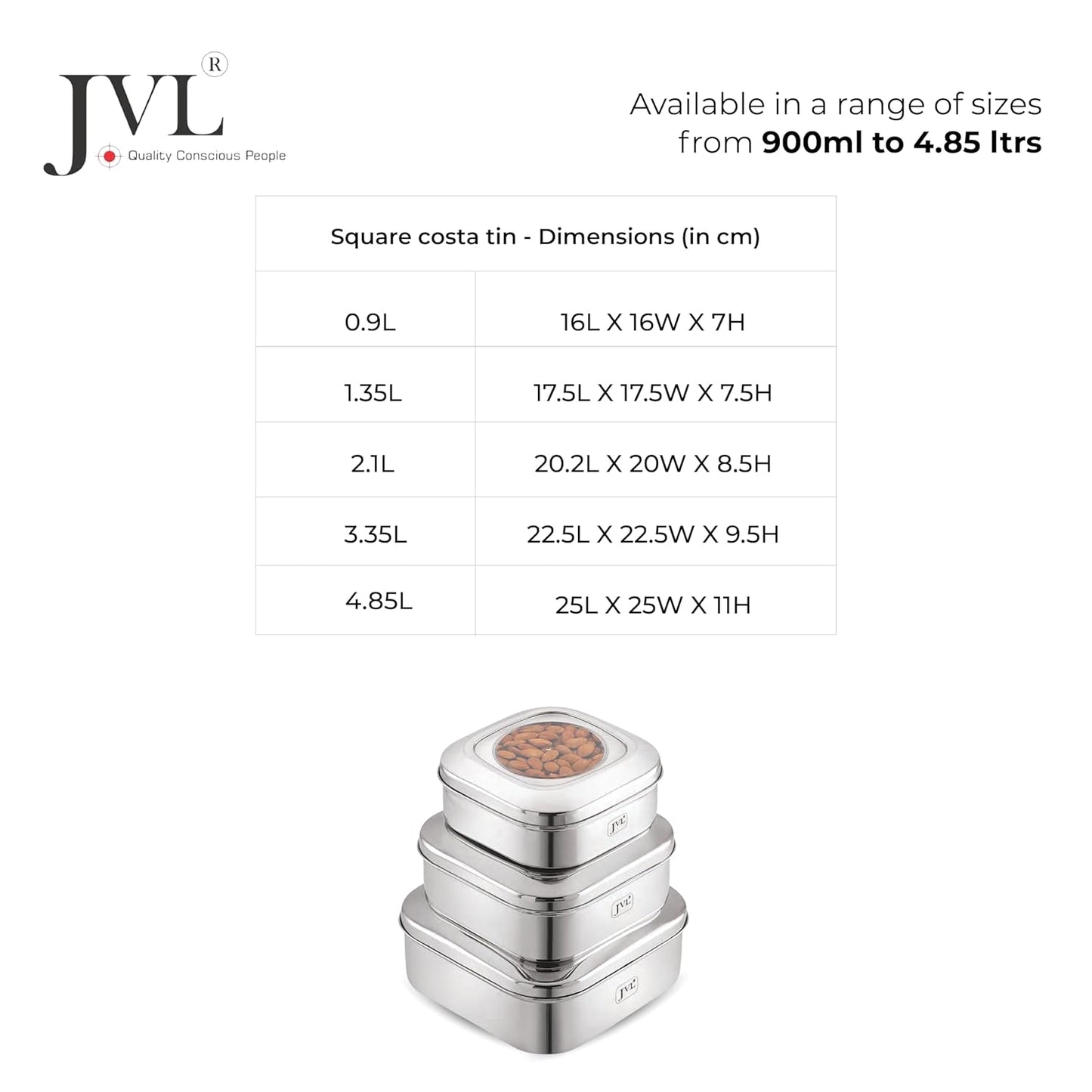 JVL Stainless Steel Kitchen's Storage Costa Square Shape Container Box with See Thorugh Lid - 2.1 Liters