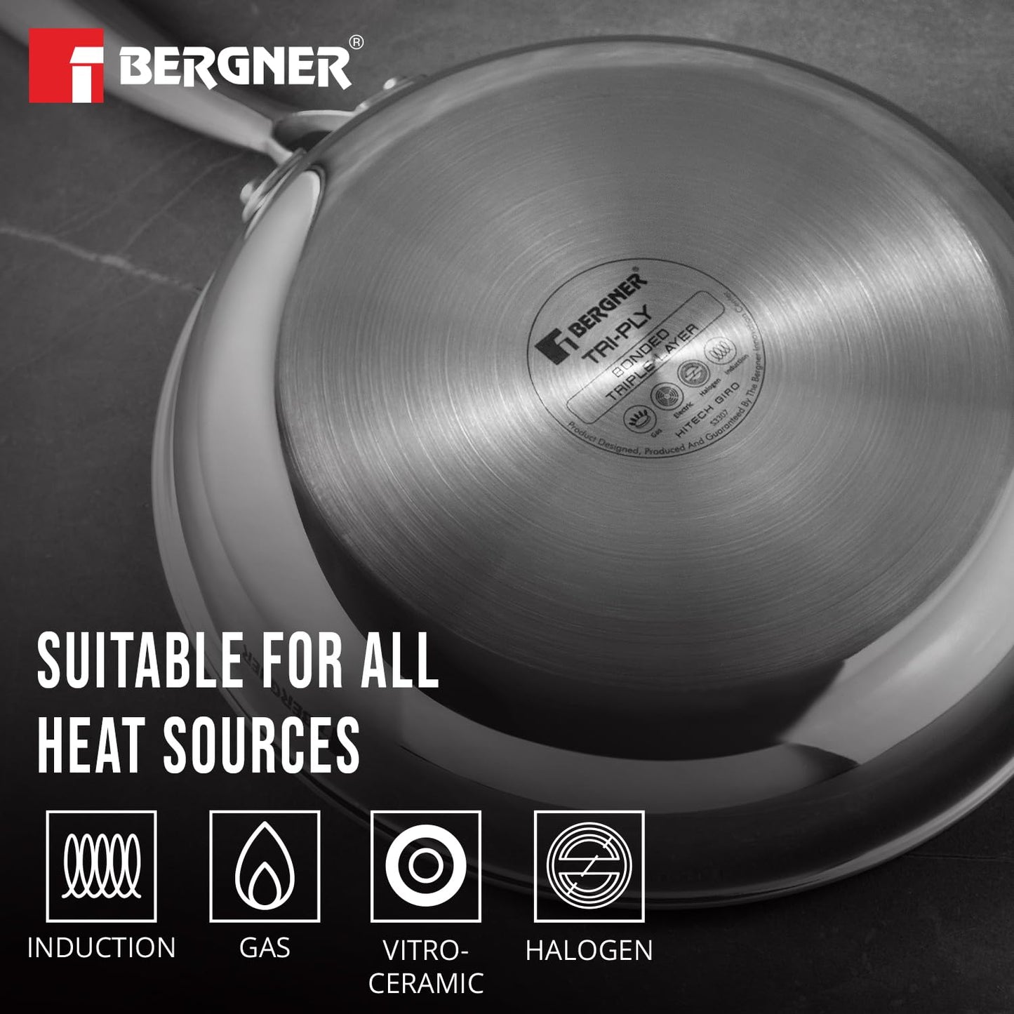 Bergner Hi-Tech TriPly Stainless Steel 28cm Frypan Capacity 2.3 Liters, Honeycomb Non-Stick Coating Frying Pan, Non-Toxic, Healthy Cooking, Less Oil Use, Durable Handle with Excellent Grip - Induction and Gas Stove Ready