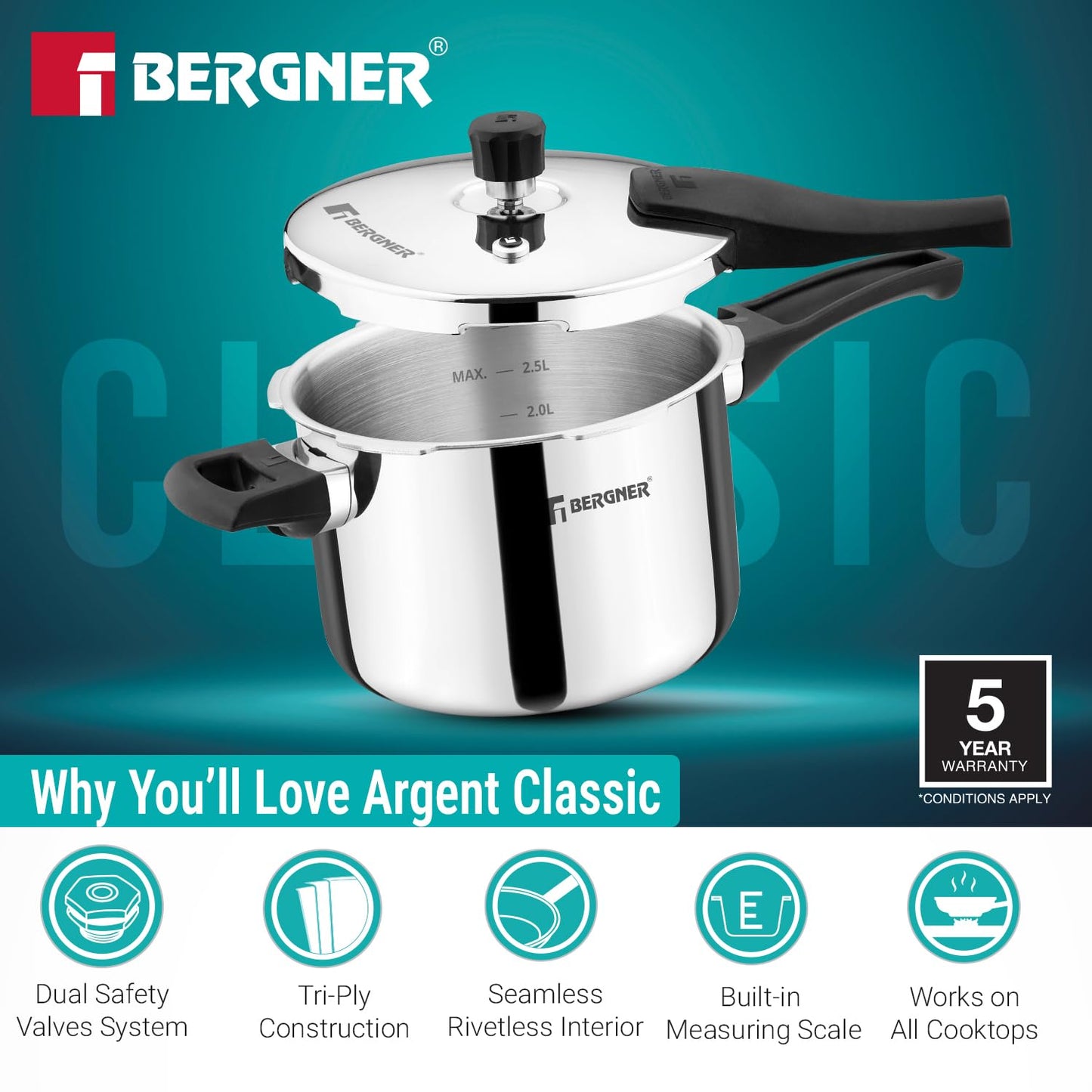 Bergner Argent Classic Triply Stainless Steel 3.5 Liters Outer Lid Pressure Cooker, Triply Cooker with Resettable Safety Valve, Sturdy Handle, Easy to Use and Clean - Induction and Gas Stove Ready