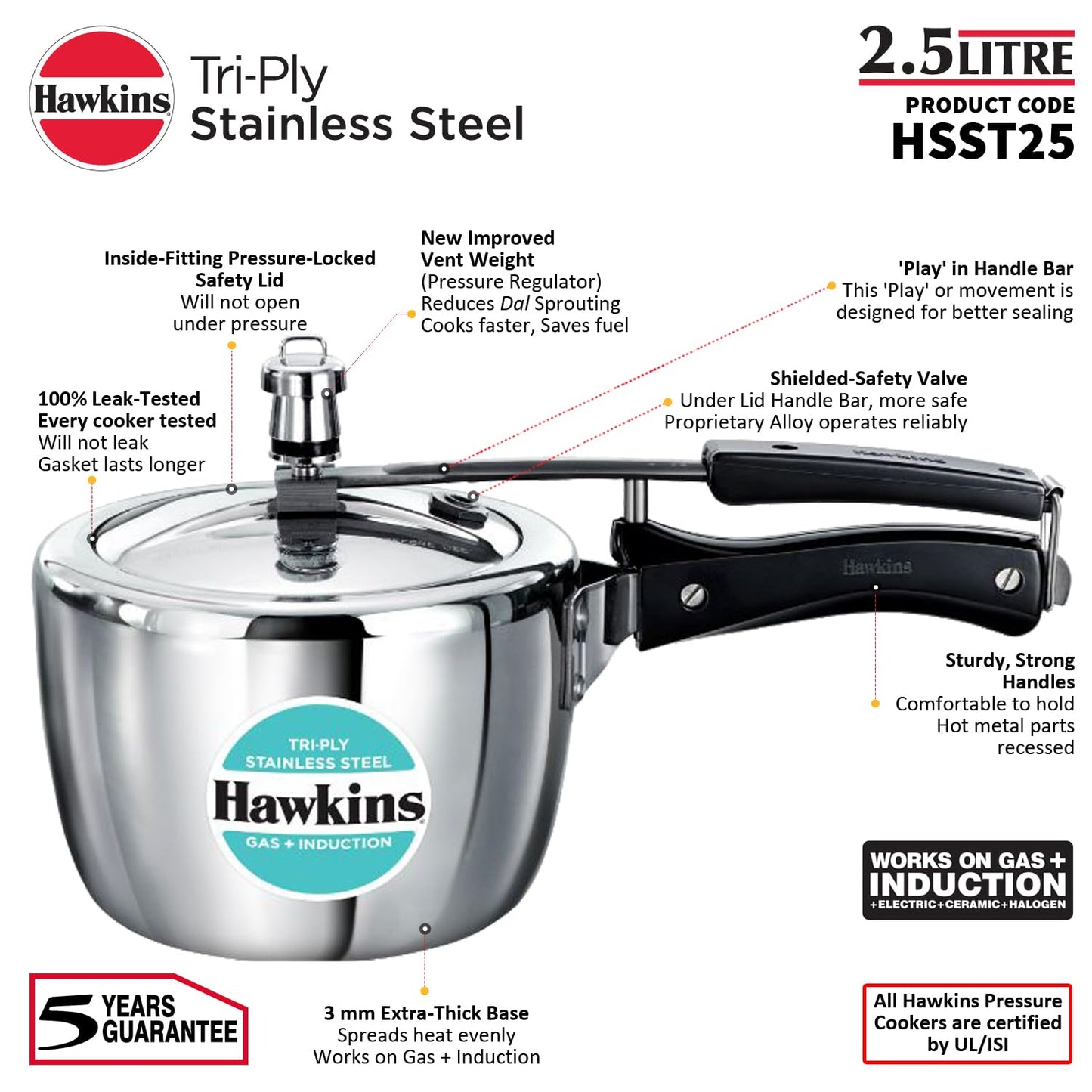 Hawkins 2.5 Liters, Triply Stainless Steel Pressure Cooker, Inner Lid Cooker, Silver (HSST25)