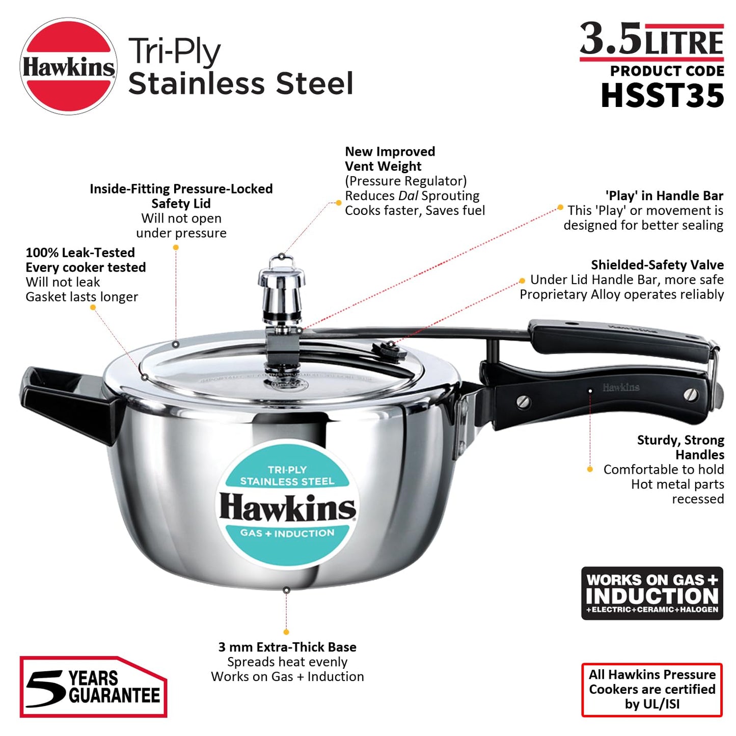 Hawkins 3.5 Liters Triply Stainless Steel Pressure Cooker, Inner Lid Cooker, Silver (HSST35)