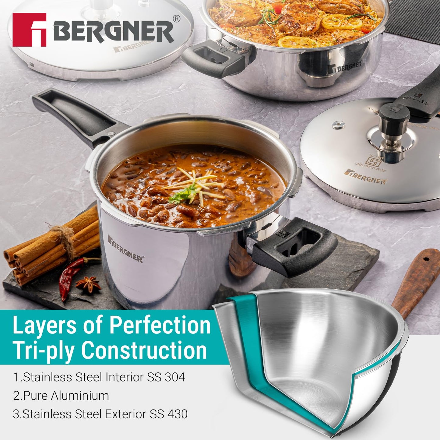 Bergner Argent Classic Triply Stainless Steel 1 Liter Outer Lid Pressure Cooker, Mini Baby Cooker with Resettable Safety Valve, Sturdy Handle, Easy to Use and Clean - Induction and Gas Stove Ready