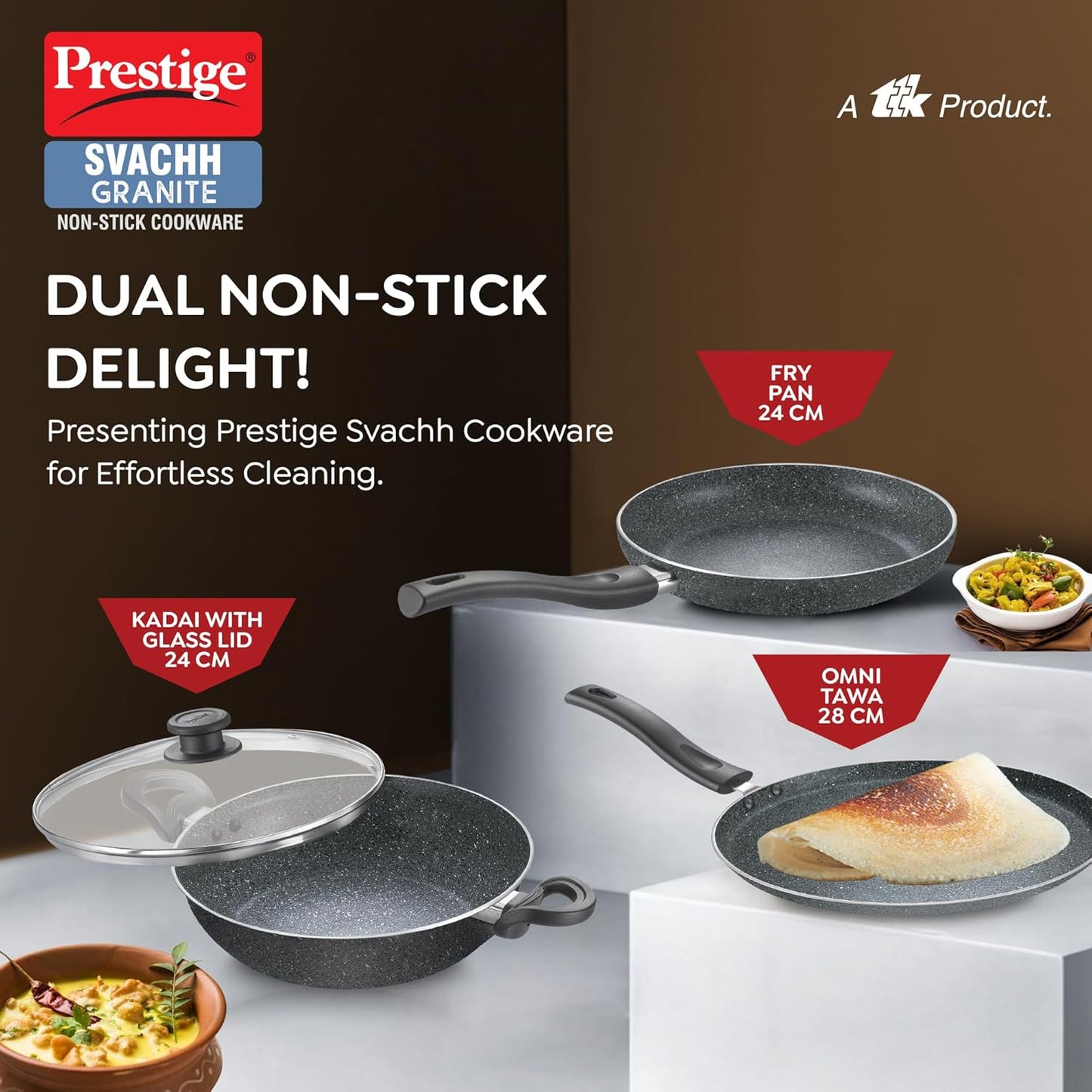 Prestige Granite Non-Stick 3-Piece Set Cookware |Dual Non-Stick Delight| Omni Tawa - 28cm Dia, Kadai with GlassLid - 24cm Dia, Fry Pan - 24cm Dia| Gas and Induction Compatible| Easy Care
