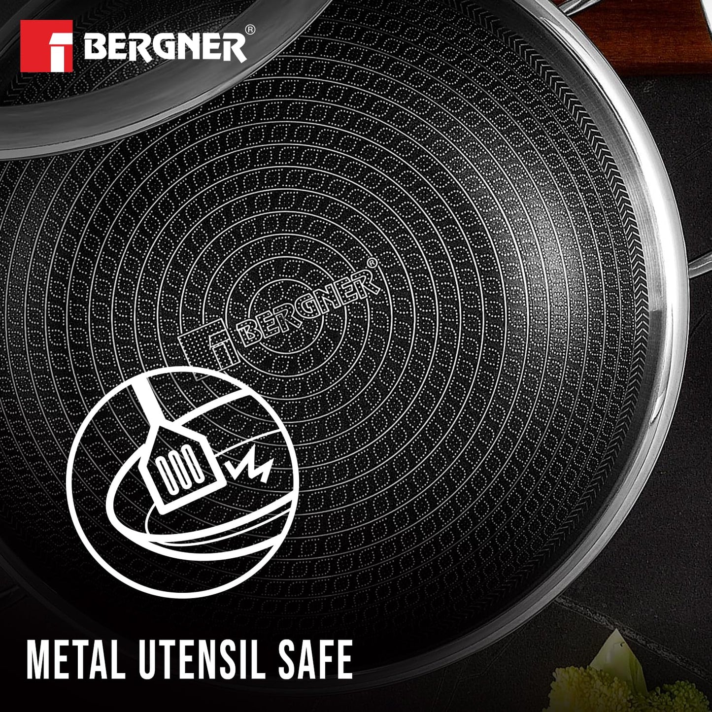 Bergner Hi-Tech Triply Stainless Steel 24cm, 2.5L Kadhai with Glass Lid, Honeycomb Non-Stick Coating, Non-Toxic, Healthy Cooking, Less Oil Use, Durable Handle, Excellent Grip - Induction and Gas Ready