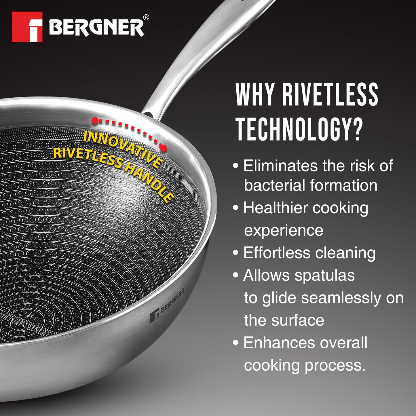 Bergner Hi-Tech Triply Stainless Steel Deep Fry Pan/Wok28cm Capacity 4.5 L, Wok with Glass Lid, Honeycomb, Chinese Kadhai, Non-Toxic, Healthy, Less Oil Use, Durable Handle, Excellent Grip - Induction Bottom