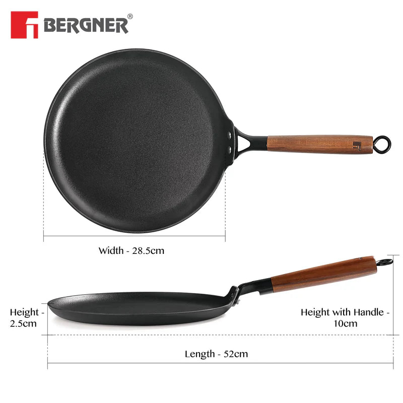 BERGNER Odin 28 cm Cast Iron Dosa Tawa with Wooden Coated Handle, Rust Proof, Enamel Finish, Metal Spatula Safe, Induction and Gas Stove Ready