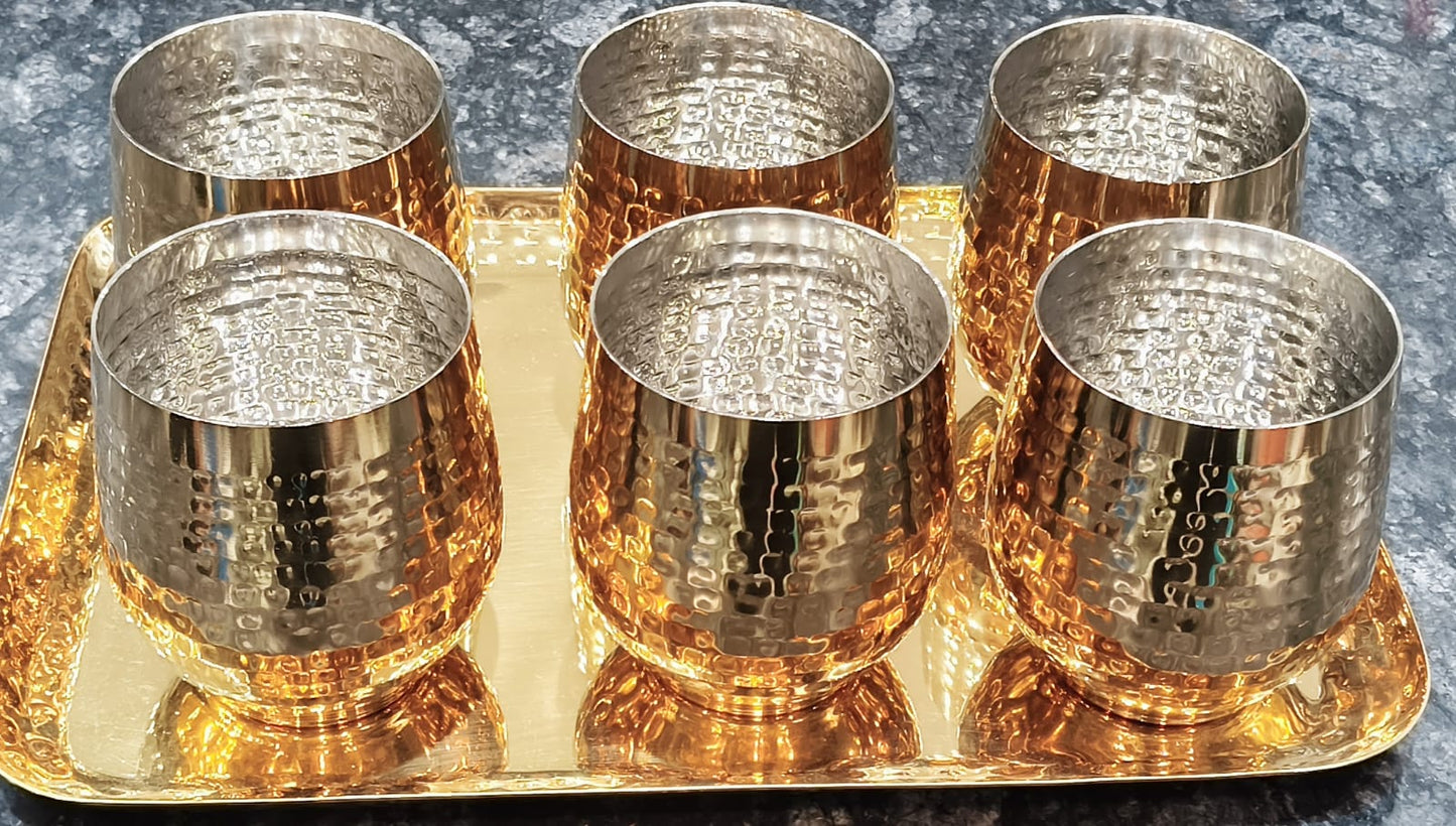 Glass set with tray with Golden PVD in hammered design Stainless Steel