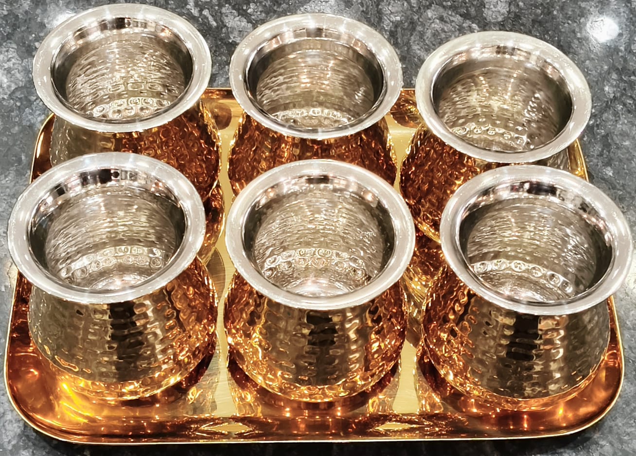 Glass Cum Lota Set With Tray In Hammered Design In Gold PVD coating