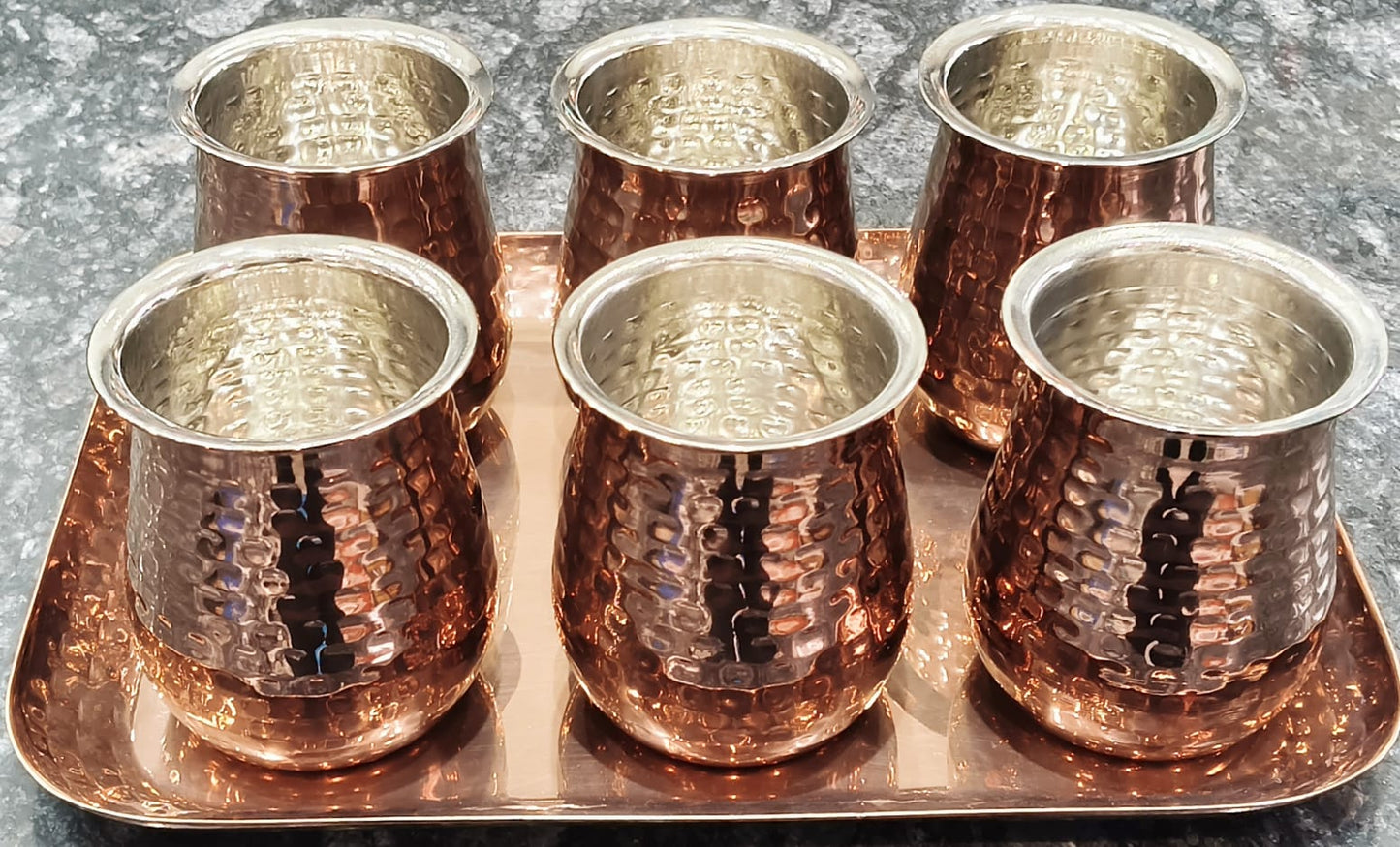 Glass Cum Lota Set With Tray in PVD Rose Gold With Hammered Design
