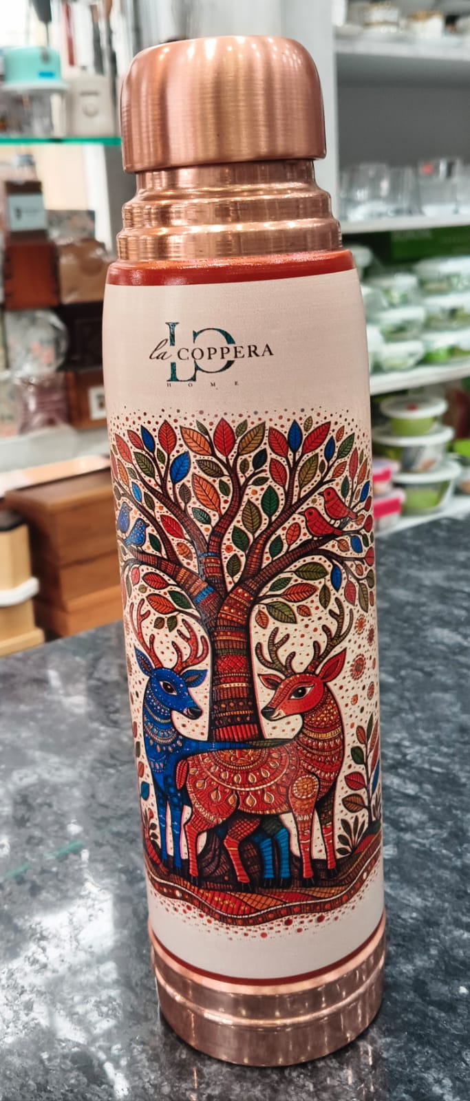 Copper Bottle With Fancy 3D print 1 Liter White Floral Print With Deer