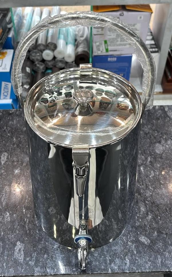 Stainless Steel Bucket Shaped Water Tank 15 Liters with Tap, Handle and Lid with Lock.
