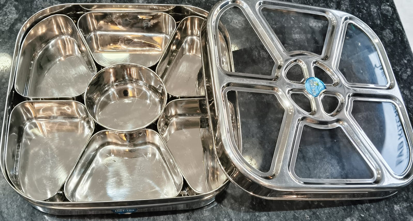 STEEL FANCY MASALA BOX 7 CONATINER WITH FANCY SEE THROUGH LID