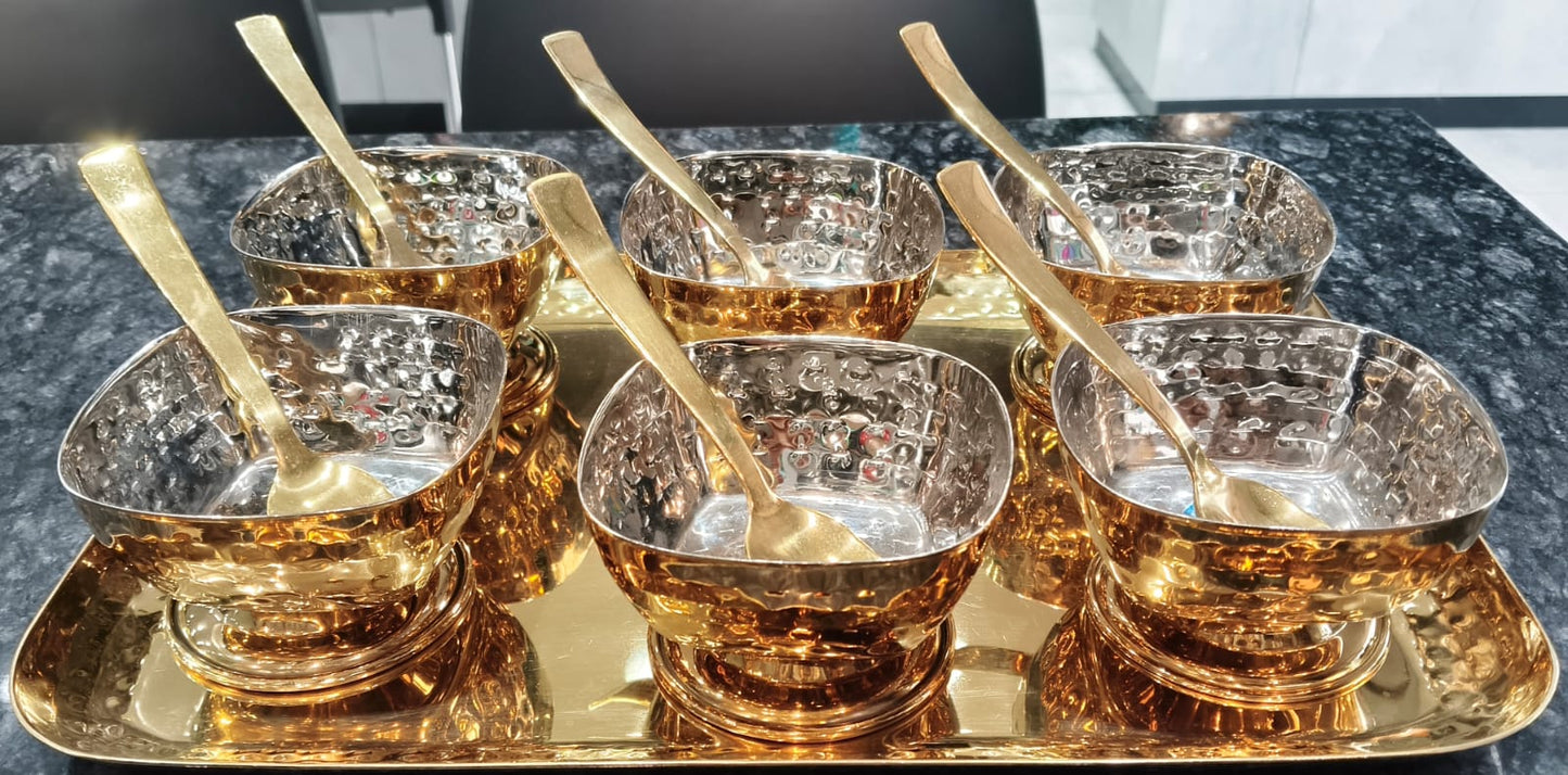 Ice Cream Set Steel with tray in Gold PVD coated in Hammered Design