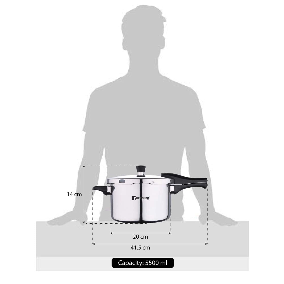 Bergner Argent Elements Triply Stainless Steel 5.5 L Outer Lid Pressure Cooker, Triply Pressure Cooker, Safety Gasket and GRS, Mirror Finish, Induction Bottom and Gas Ready - Silver