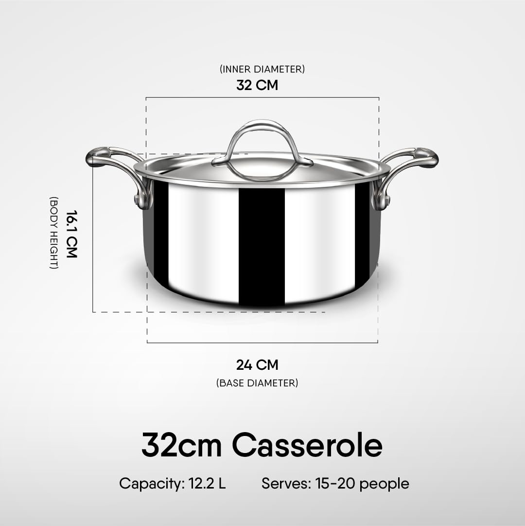 Stahl Triply Stainless Steel Sauce Pot with Lid 32cm, 12.2 Liters | Stainless Steel Casserole | Tri Ply Biryani Pot with Induction Base, Dia 32 cm, 12.2 liter (Serves 15 People)