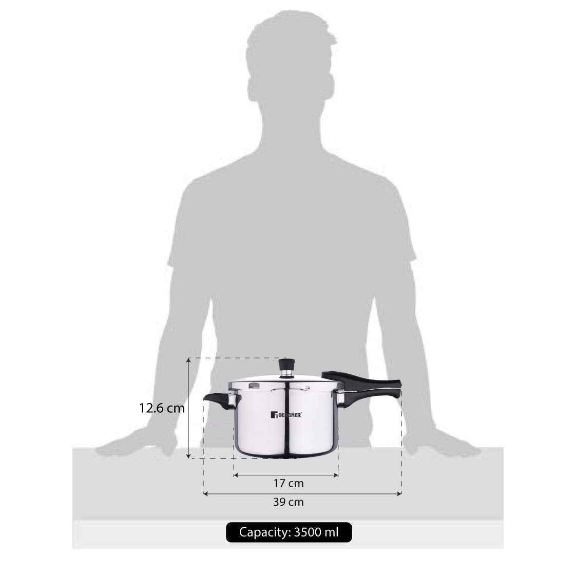 Bergner Argent Elements Triply Stainless Steel 3.5 L Tall Outer Lid Pressure Cooker, Triply Pressure Cooker, Safety Gasket and GRS, Mirror Finish, Induction Bottom and Gas Ready - Silver