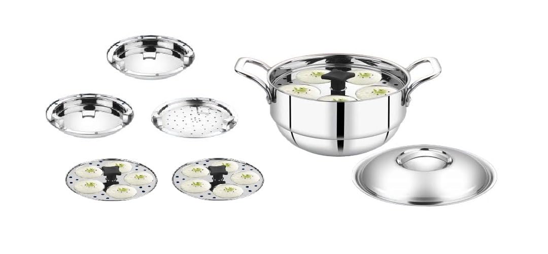 Anupam Stainless Steel 18 Gauge Heavy Junior Multi kadai with lid (3 Idli Plate of 5 Each, 2 Dhokla Plate, 1 Patra/Steamer Plate, 1 mini Idly plate)