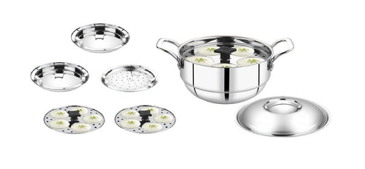 Anupam Stainless Steel 18 Gauge Heavy Junior Multi kadai with lid (3 Idli Plate of 5 Each, 2 Dhokla Plate, 1 Patra/Steamer Plate, 1 mini Idly plate)