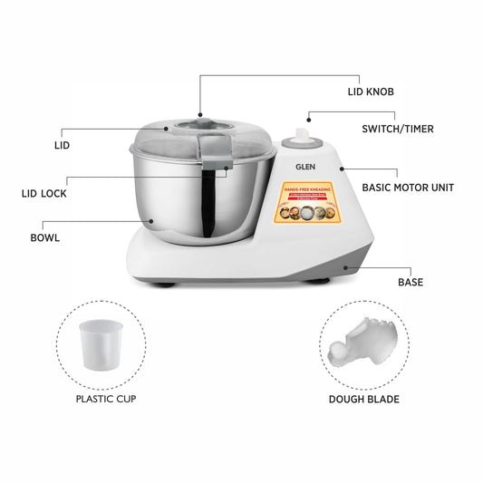 Glen Automatic Electric Atta Maker Machine, 3 Litre, 650W, Dough Kneader, Dough Mixer with Large Stainless Steel Bowl with Lid, Hands-free kneading