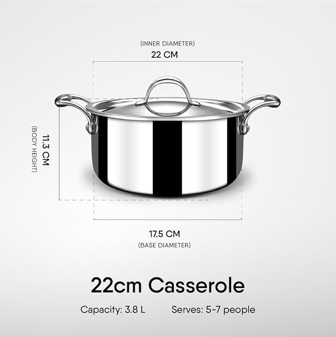Stahl Triply Stainless Steel Artisan Casserole with Lid,22cm, 3.8 Liters (Serves 5 People)