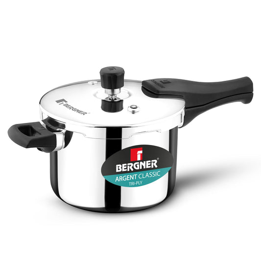 Bergner Argent Classic Triply Stainless Steel 5.5 Liters Outer Lid Pressure Cooker, Triply Cooker with Resettable Safety Valve, Sturdy Handle, Easy to Use and Clean - Induction and Gas Stove Ready