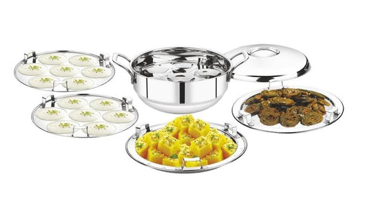 Anupam Stainless Steel Heavy 18 Gauge Jumbo Multi kadai with lid (3 Idli Plate of 7 Each, 2 Dhokla Plate, 1 Patra/Steamer Plate)