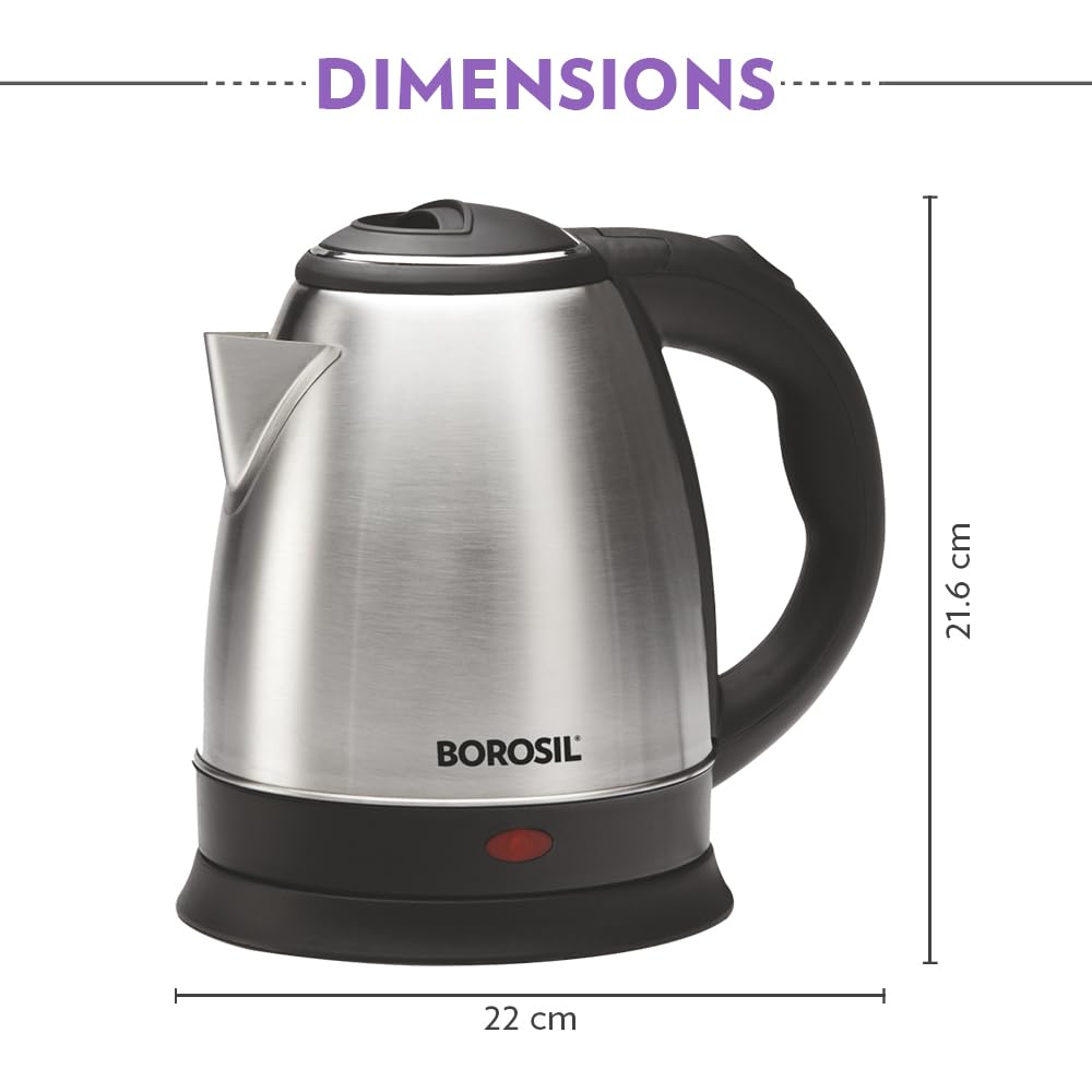 Borosil Stainless Steel 1500W Electric Kettle (1.5L) | Classic Design with Auto Shut-Off, Dry Boil Protection, and 360° Swivel Base for Hot Water, Tea, Coffee and Soup | 1 Year Warranty on motor