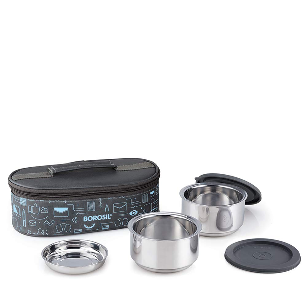 Borosil Carry Fresh Stainless Steel Lunchbox 2 containers Horizontal | 2 pc Round Container Set 280 ml Each | Tiffin for Office, School & College with Food Grade Steel | Leakproof | 1 Year Warranty