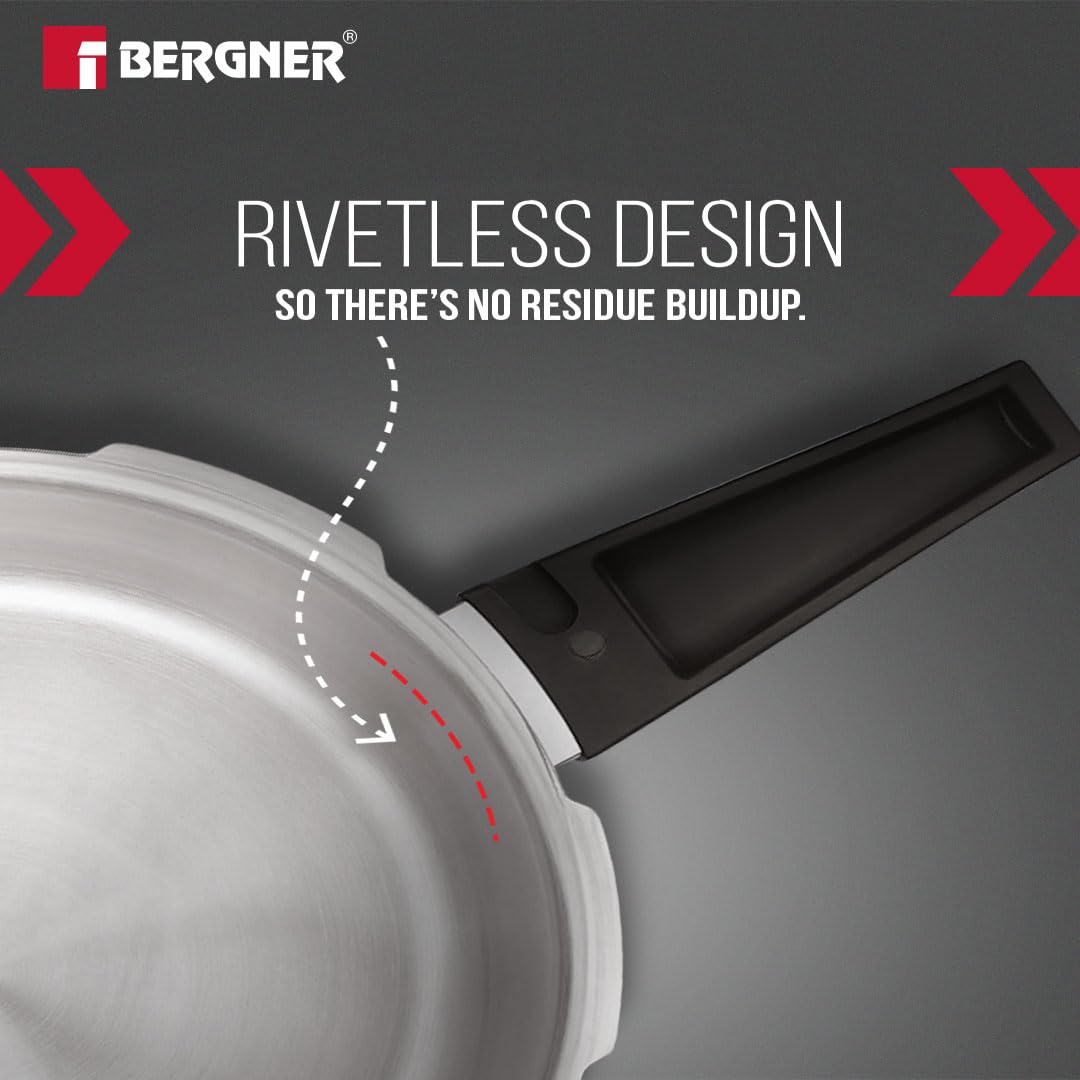 Bergner Argent Classic Triply Stainless Steel 5.5 Liters Outer Lid Pressure Cooker, Triply Cooker with Resettable Safety Valve, Sturdy Handle, Easy to Use and Clean - Induction and Gas Stove Ready