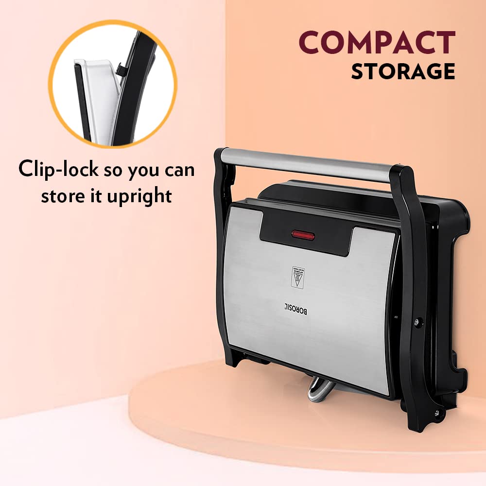 Borosil Meta Prime 700W Grill Sandwich Maker | Can Make 2 Sandwich At a Time | Power Indicators | Non Toxic & Non-Stick Coating Plates Opens to 105° | Automatic Temprature Control | 2 Year Warranty on motor
