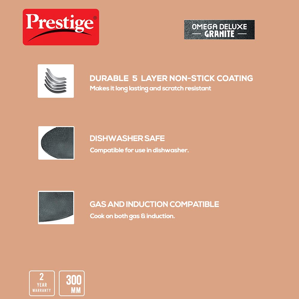 Prestige Omega Deluxe Granite 30cm Non-Stick Dosa Tawa|Scratch and Abrasion Resistant |Gas & Induction Compatible|2 Years Warranty