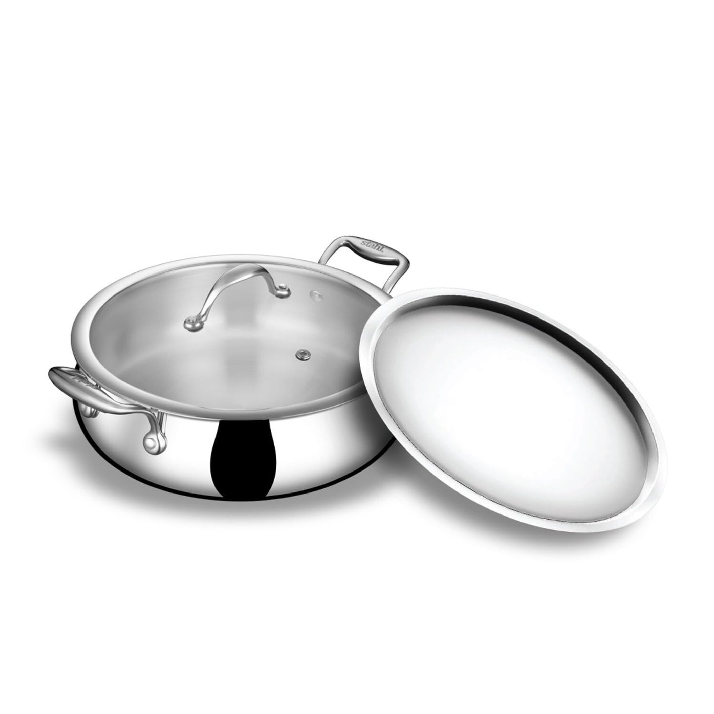 Stahl Artisan Triply Stainless Steel 24cm,4Liters Biryani Handi with Dual lid, Steel Lid for Dum & Glass Lid for Serving | 4L Biryani Pot, Gas & Induction Compatible | Non-Toxic, Less Oil, Stick Resistant