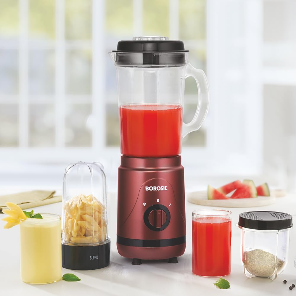 Borosil NutriFresh NB05 Portable Mini-Blender & Grinder 400 Watts, 500 ml Jar for Blending Smoothies & Chutneys,300 ml Dry Grinding Spices/Chutney Jar, Maroon, 400 Watts