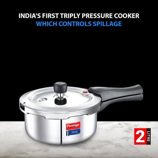Prestige Svachh Triply Outer Lid Pressure Cooker 2 Liters with Unique Deep Lid for Spillage Control, 2 Liters, Silver, 304 Stainless Steel Inner Surface.